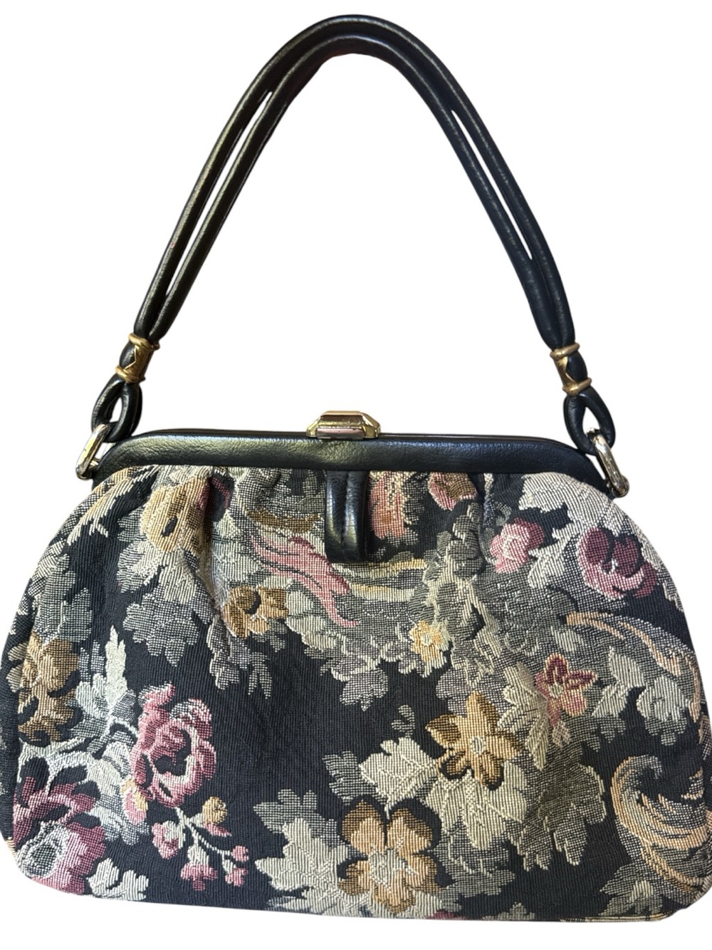 JR Miami Black Floral Needlepoint Tapestry Carpet Bag & Chain Wallet Vintage 50s